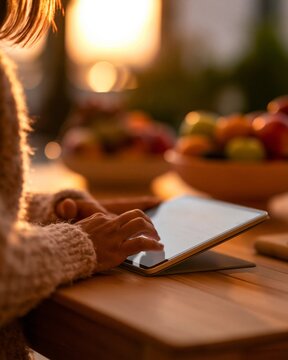 Eyelevel medium shot capturing a genuine moment of nutritional counseling featuring a tablet and fruit bowl softly blurred in background framed by goldenhour warmth