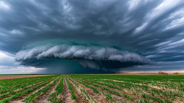 Tornadic supercell storm cloud rotating with ominous greenish atmospheric tint above agricultural flatlands, wall cloud descending from mesocyclone base, hail shaft visible beneath updraft tower, ex