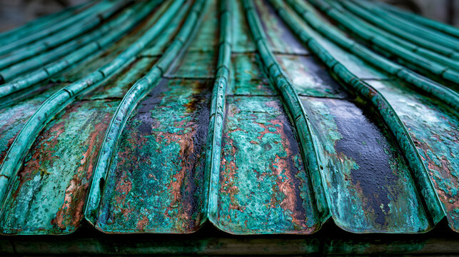 Weathered copper cathedral roof oxidized to malachite patina, centuries of rain and oxidation layering verdigris across standing seam metalwork, architectural surface history recorded in mineral tra