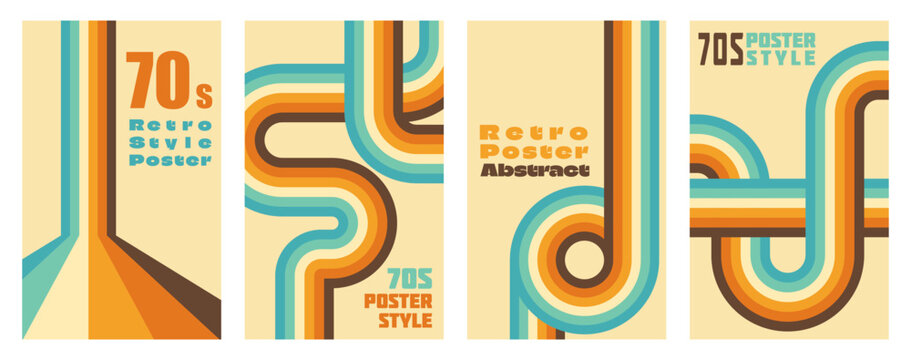 Vintage 70s rainbow wave posters with retro wavy lines, groovy abstract paths and dimensional graphic flow, colorful vector background for music art, fast dynamic design and wall decor