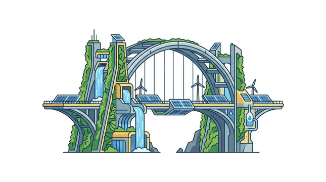 Futuristic eco-friendly bridge with renewable energy sources.