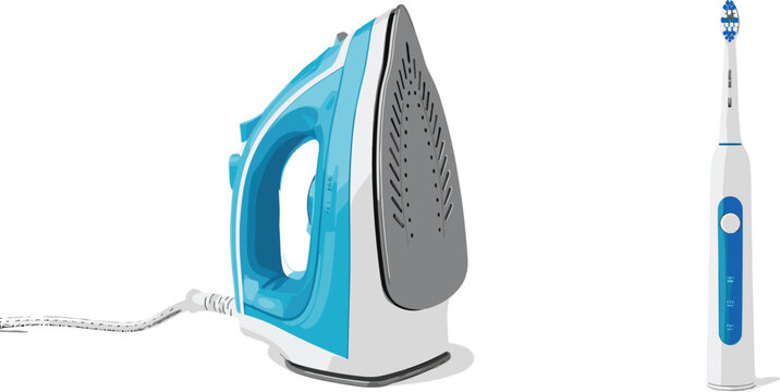Electric Clothes Iron and Electric Toothbrush Vector Set featuring Modern Household Appliances and Personal Care Devices for E-Commerce Shopping Banners