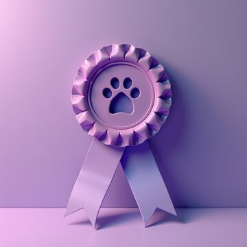 Purple award medal with dog paw print symbolizes winning best pet. Prize ribbon for dog show winner. Modern minimal concept. Celebrate animal champion.