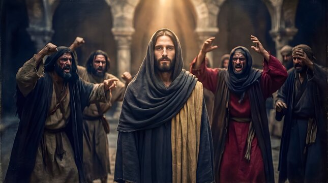 Jesus Standing Calmly Before Hostile Crowd