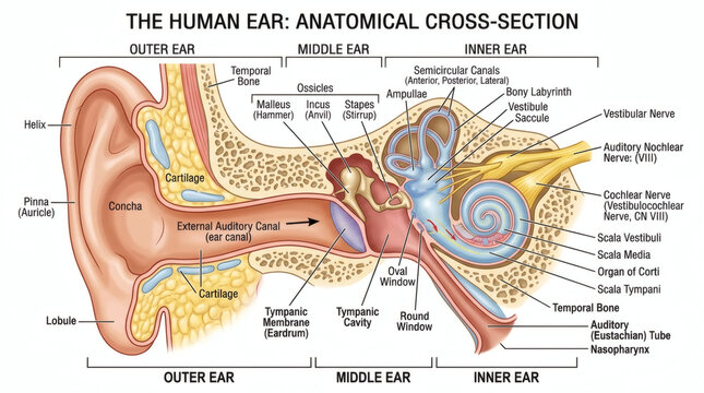 Anatomical cross-section illustration of the human ear, detailing the outer, middle, and inner ear structures with labels.
