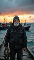 Obraz premium Elderly fisherman with white beard stands on pier near boats at sunset. He wears warm clothes and holds rope. Ocean waves and cloudy sky form background.