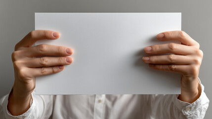 Naklejka premium Two human hands holding a large blank white horizontal poster for messaging or advertising, isolated on transparent background