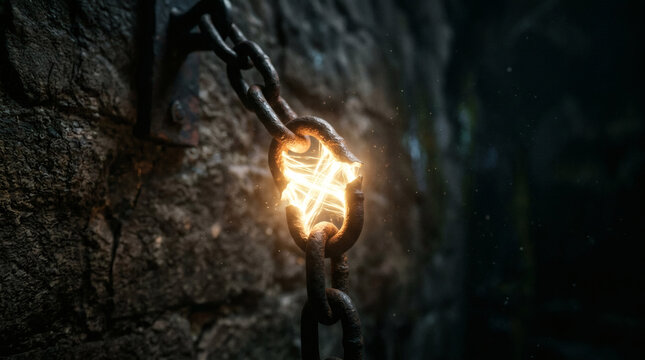 A close-up shot of a rusty metal chain attached to a stone wall, with a bright, glowing symbol at its center. The atmosphere is dark and mysterious.