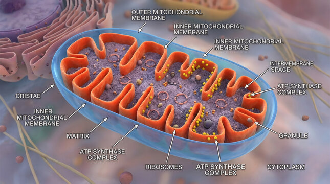 Detailed 3D illustration of a mitochondrion, showing its inner and outer membranes, matrix, cristae, ribosomes, and ATP synthase complexes.