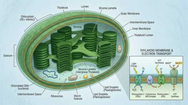 Diagram illustrating the structure of a chloroplast, detailing its internal components like thylakoids, stroma, and grana, along with an inset showing the electron transport chain and ATP synthesis.