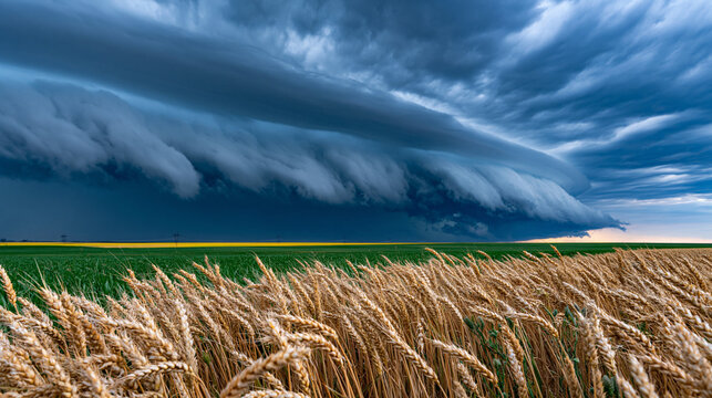 Rolling summer thunderstorm shelf cloud advancing over wheat field, arcus cloud formation at leading edge of squall line, atmospheric pressure change visible in cloud architecture, severe weather ap