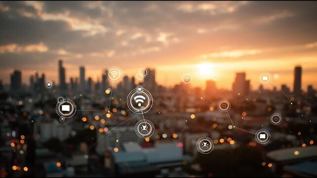 Social media fo city and Smart digital Innovation city with connection network reciprocity over the cityscape. of future smart wireless city and social media networking systems that connects business