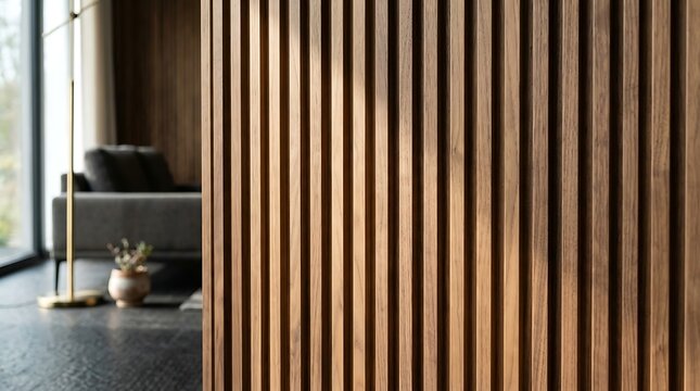 Premium fluted walnut wood wall panel with warm ambient light