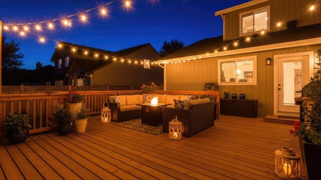 Cozy backyard deck with fire pit and string lights.