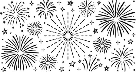 Hand drawn doodle fireworks pattern for celebration background. © widia