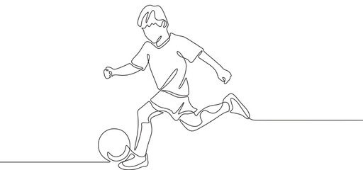 Fototapeta premium Soccer player boy running with football continuous line vector design.