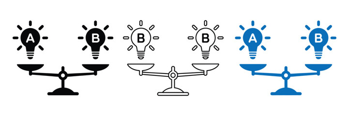 Six comparison icons featuring A and B on scales with lightbulbs on white background for business and education concepts © MstMaya