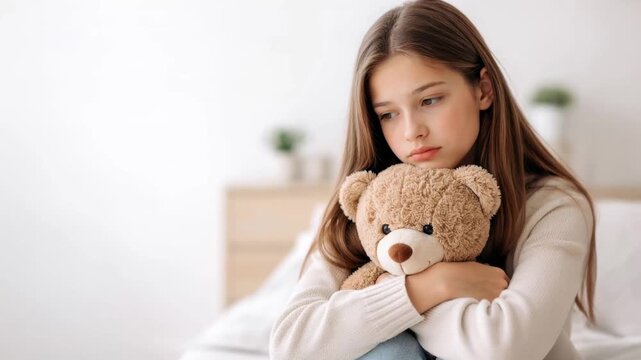 Thoughtful young girl hugging a teddy bear indoors, conveying emotions, comfort, childhood vulnerability and quiet reflection.