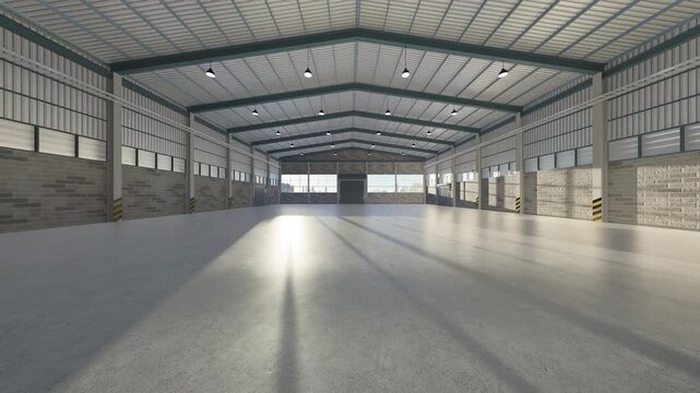 3D render industrial warehouse featuring concrete floor and large windows filled with natural daylight. Slow dolly pan. Ideal as commercial background, logistics facility, manufacturing space.