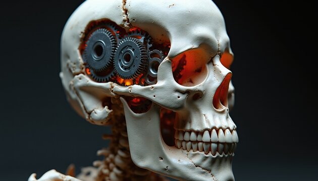 Artificial skull with metal gears inside temporal bone cavity. Mechanical jaw hinges visible on white skeleton model. Orange light glows from within.