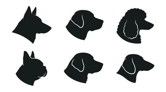 Collection of dog head silhouettes in various breeds and styles
