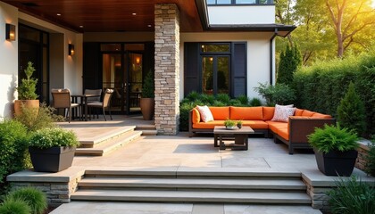 Obraz premium Modern patio with orange sectional sofa, coffee table, and chairs. Stone pillar accents luxury house exterior. Lush green plants border the comfortable outdoor living space.
