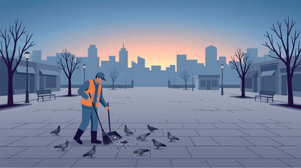 Street Sweeper Cleaning Empty City Square at Dawn Sunrise Silhouette Landscape © ElcinSoft