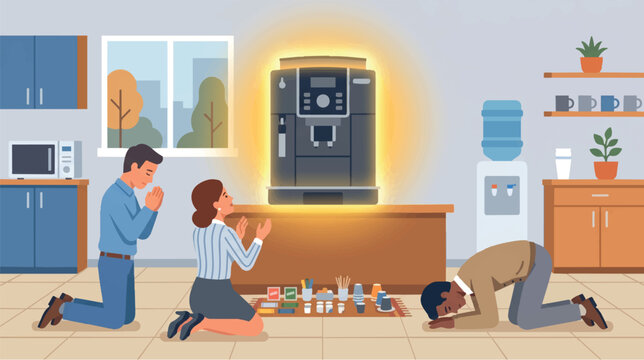 Office Workers Worshipping Glowing Espresso Coffee Machine in Corporate Kitchen Parody
