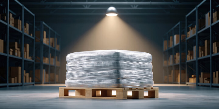 Pallet wrapped supply chain pallet wrapped supply chain warehouse cargo packaged under spotlight