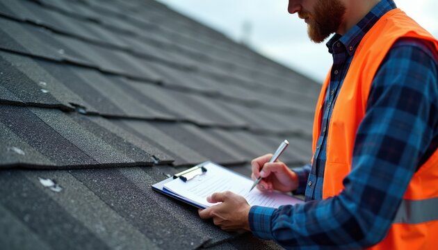 Man in safety vest on roof writes on clipboard. Roofer checks asphalt shingles, inspects house exterior. Contractor assesses building condition for repair work or new installation.