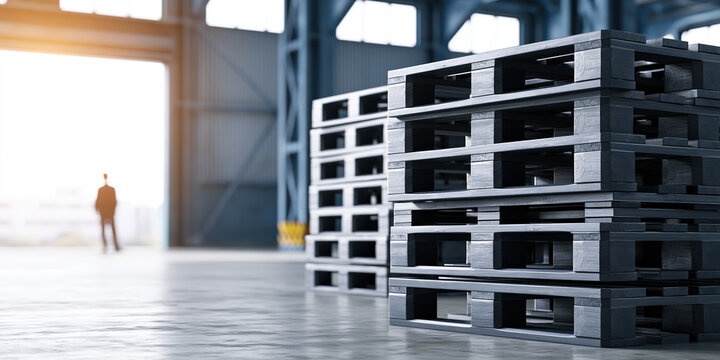 Stacked wooden pallet in warehouse supply chain logistics scene with distant worker silhouette