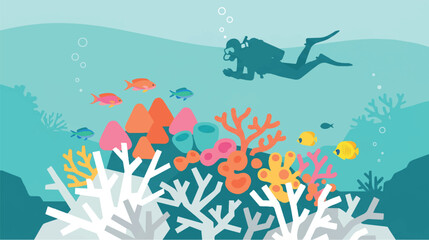 Scuba Diver Swimming Over Colorful Coral Reef and Tropical Fish Illustration © ElcinSoft