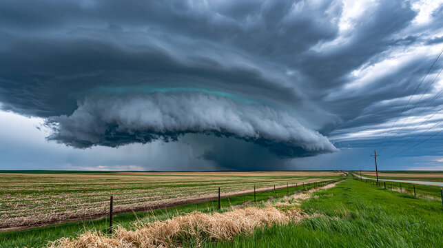 Tornadic supercell storm cloud rotating with ominous greenish atmospheric tint above agricultural flatlands, wall cloud descending from mesocyclone base, hail shaft visible beneath updraft tower, ex