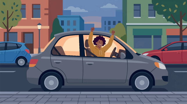 Happy Woman Raising Hands and Celebrating Inside Her Car in Traffic Parody