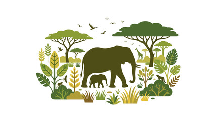 African Elephant Family Silhouette in Lush Safari Landscape Illustration © felixde