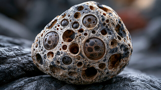 Volcanic pumice stone resting on obsidian surface, vesicular porosity visible across entire macro frame, gas bubble cavities of varying diameter frozen mid-formation, geological specimen framing cap