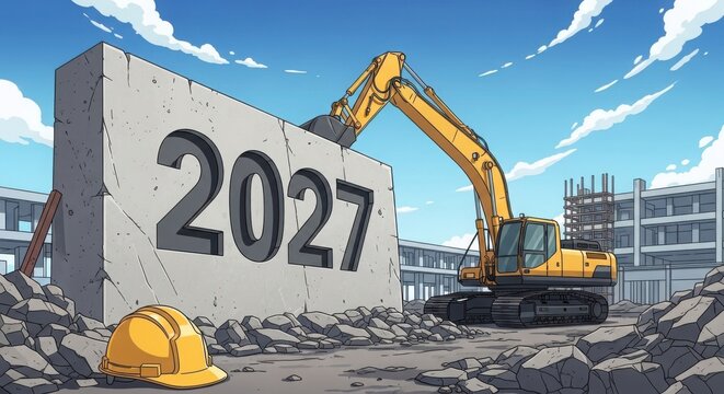 A yellow excavator demolishes a concrete block with the year 2027 on it illustration