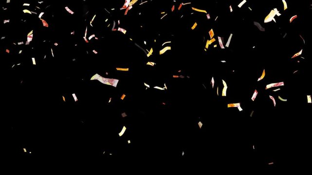 Falling gold confetti and flying money rain loop animated, us dollar bill with shiny golden sequins overlay element on black background, for creative video editing asset motion footage. 4k