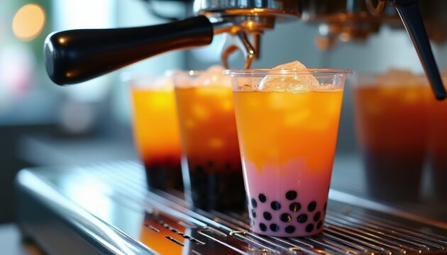 Several colorful boba teas with tapioca pearls sit on an espresso machine tray. Ice fills the clear cups. Drinks have layered orange and pink juice with dark tapioca balls.