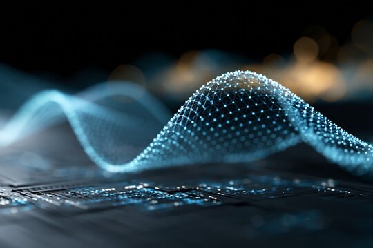  Dynamic Digital Waveform Data Flow. Futuristic blue digital waves flowing across a virtual landscape, representing artificial intelligence, data analysis, and modern technology innovations.