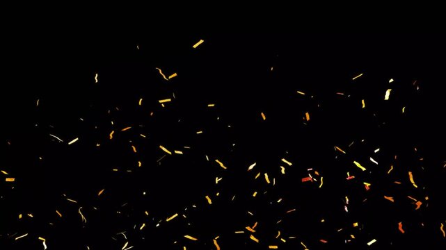Falling gold confetti and flying money rain loop animated us dollar bill with shiny golden sequins overlay element on black background for creative video editing asset motion footage 4k
