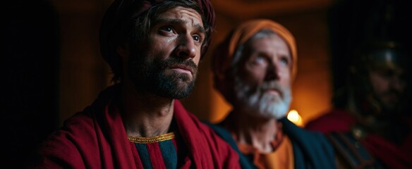 Fototapeta premium A Roman soldier stands with two men in traditional robes during a reenactment of ancient Jerusalem church trials.