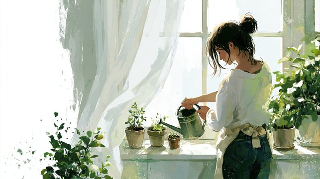 窓辺で鉢植えに水をやる女性