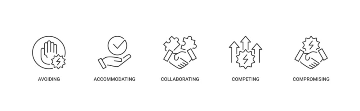 Conflict Resolution Strategies icon set containing avoiding, accommodating, collaborating, competing and compromising vector icons
