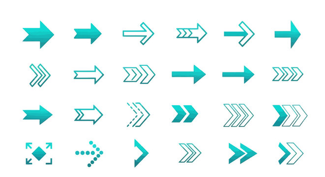Modern turquoise arrow icons set, 24 geometric direction pointers in vector format, teal gradient navigation symbols for web interface design