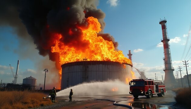 Firefighters battle huge inferno at industrial plant. Fire truck sprays water on burning storage tank releasing thick black smoke plume. Emergency response at hazardous site.