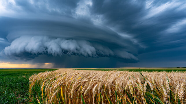 Rolling summer thunderstorm shelf cloud advancing over wheat field, arcus cloud formation at leading edge of squall line, atmospheric pressure change visible in cloud architecture, severe weather ap