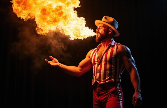 Man in circus costume breathes fire creating large flame explosion. Performer with hat and striped vest shows hot dangerous skill. Stage artist with beard produces fire burst. Black background.