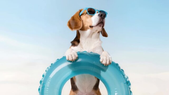 Beagle dog in blue sunglasses holding an inflatable swim ring under a clear sky. Humorous summer vacation concept with pet.