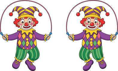 Naklejka premium Funny Cartoon Clown Character Vector Set Jumping Rope in Colorful Jester Costume for Circus Performance and Children Entertainment Designs